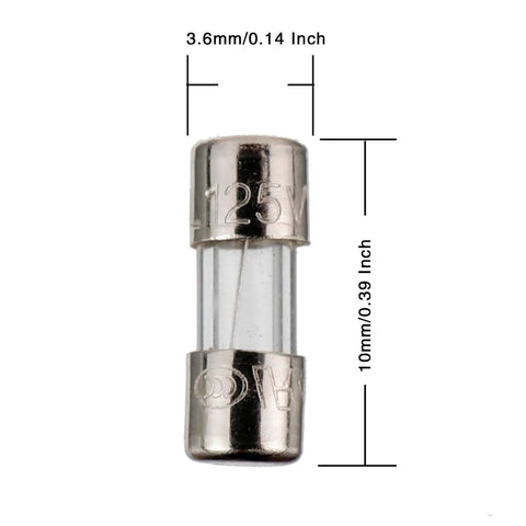 Close-up of 3.6x10mm 125V fast blow glass fuse from the 125V Fast Blow Glass Fuse Kit For Electronics Repair.