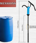 Built Tough 55 Gallon Drum Pump Lever Action for Chemicals and Oils with adjustable dip tube and a blue barrel, showing dimensions.