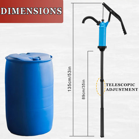 Built Tough 55 Gallon Drum Pump Lever Action for Chemicals and Oils with adjustable dip tube and a blue barrel, showing dimensions.