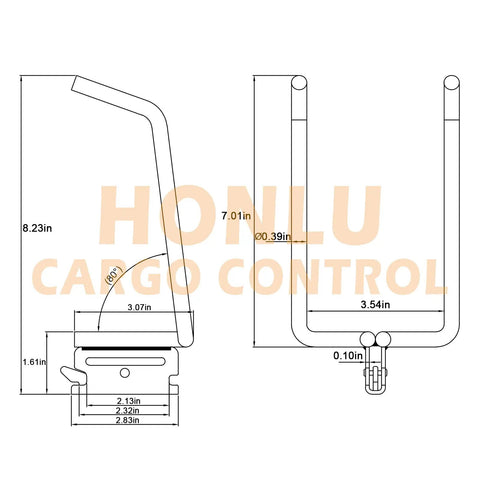 Technical diagram of Cargo E Track J Hook Hangers, four pack, dimensions for backpacks, long-handled tools, rust-resistant metal.