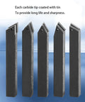 Five carbide turning tool bits with tin-coated tips; dark rectangular shanks for turning, boring, chamfering