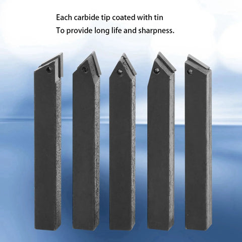 Five carbide turning tool bits with tin-coated tips; dark rectangular shanks for turning, boring, chamfering
