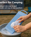 Heavy Duty Japanese Plastic Washboard For Laundry Scrubbing Portable Hand Wash Board Hella Tough For Socks Underwear Baby Gear Durable Textured Surface Removes Dirt Fast Perfect For Travel And Camping Adventures with a hand scrubbing a cloth in soapy water.