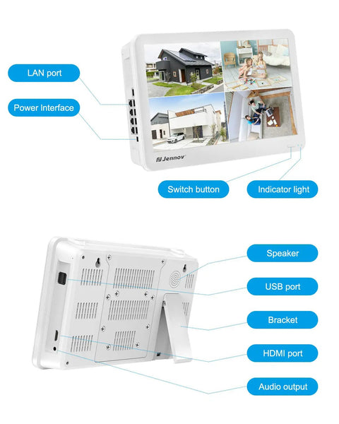 4K 8 Channel POE NVR With 12 Inch Screen And Local HDMI Output For 8MP And 4K IP Cameras showing front and back interfaces