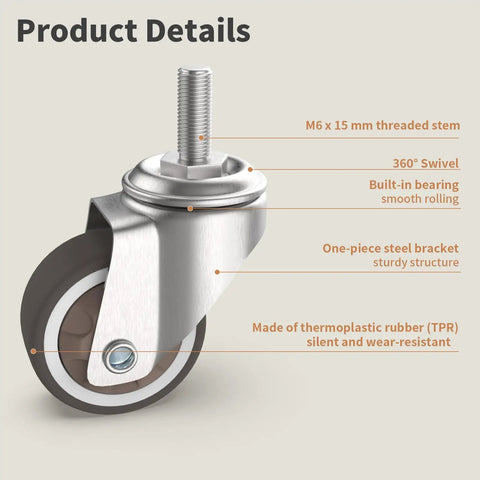 1.25 Inch Threaded Stem Casters With Smooth Swivel Wheels M6 Silent TPR Wheels for furniture, showing M6 threaded stem and steel bracket