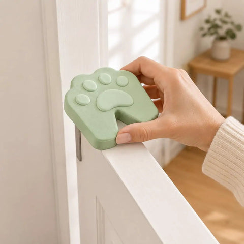 Six Pack Soft Foam Paw Shaped Door Stoppers For Finger Pinch Protection In Pastel Colors Sage Cream Peach Lavender Butter Yellow White
