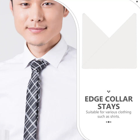 Durable Eighty Piece PVC Shirt Collar Stays Lock Down Sharp Looks On Dress Shirts Keeping Them Crisp Without Sagging Or Wrinkling During Daily Grind Hours, shown on a man with a tie, highlighting the product's crisp collar support.