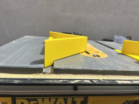 Precision 45 Degree Miter Sled Jig For DeWalt DW745 Table Saw with thick clamping fence and yellow safety handle.