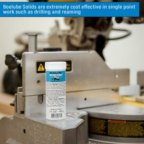 Go-To Solid Industrial Lubricant For Minimum Quantity Lubrication MQL Push Tube shown by a machine, 3.5 oz packaging