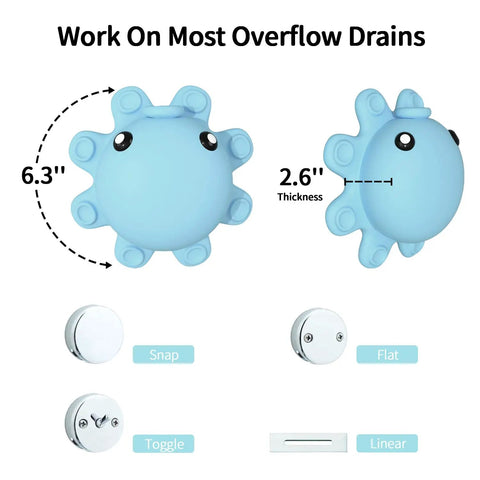 Heavy Duty Silicone Bathtub Overflow Drain Cover With Ironclad Suction Cups To Level Up Your Bathtub Game For Super Deep Chill Soaks In Vibrant Baby Blue Decor, showing size and thickness.
