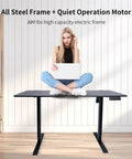 Woman sitting on Electric Standing Desk Frame With Memory Height Controller, Easy Button Sit Stand Base For Home And Office, Black Frame