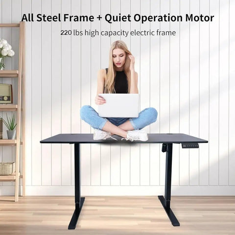 Woman sitting on Electric Standing Desk Frame With Memory Height Controller, Easy Button Sit Stand Base For Home And Office, Black Frame