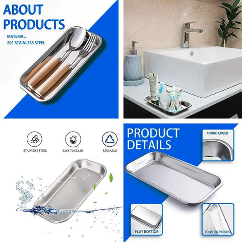 Straight Up Stainless Steel Lab Tray For Medical Gear And Surgical Tools Built Like A Tank With Rust Proof Coating And Safe Rolled Edges For Kitchen Or Industrial Jobs, Featuring flat bottom and round edges.