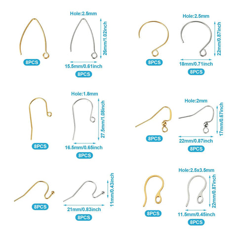 96Pcs Stainless Steel Earring Hooks Set Long V Shape Marquise Ear Wires With Circle Ball Dots And Horizontal Loops Gold Silver