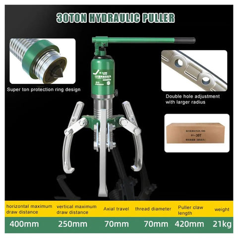 Heavy Duty Hydraulic Gear Puller Bragging Thirty Ton Capacity Rock Solid Bearing Extractor Kit With Two Or Three Jaws For No Hustle Pump and Tubing, showing adjustable jaws and specifications.