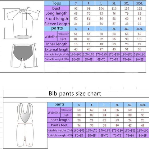 Cycling apparel tops and bib pants size chart with measurements in S to XXXL for bust, waistline, and height weight suitability.