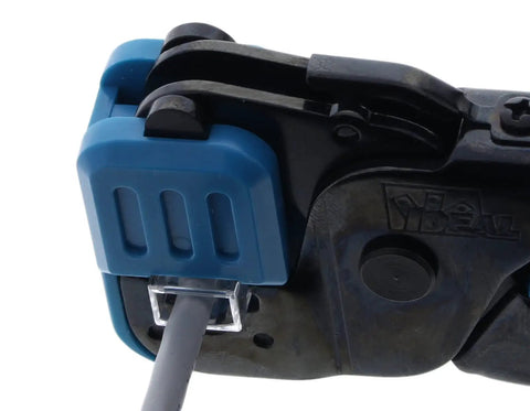 Close-up of Telemaster Modular Plug Crimp Tool For CAT5e And CAT6 Data And Voice Cables All In One Crimper with cable inserted