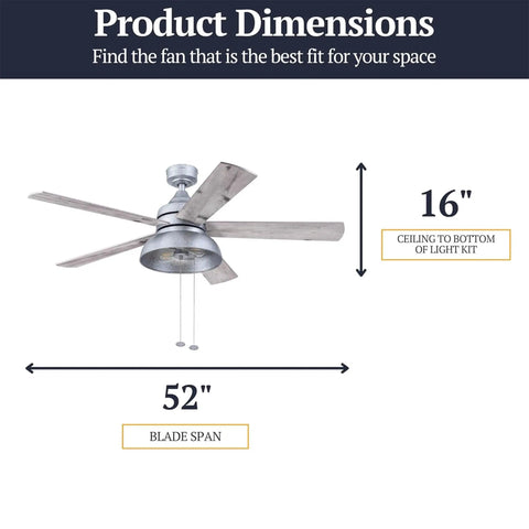 Industrial 52 Inch Ceiling Fan With Light Kit For Indoor And Outdoor Spaces Pull Chain Control Five Dual Finish Blades In Galvanized