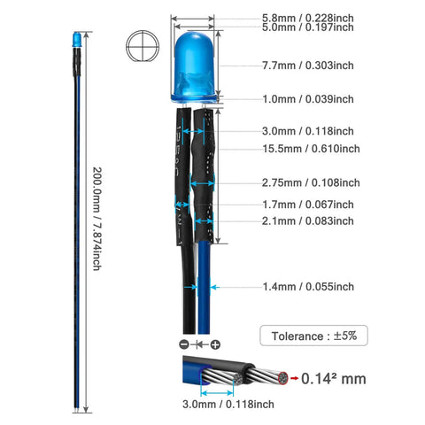 Lit 120 Piece LED Diode Light Kit With 6 Colors, 12V 5mm Lights, 7.9 Inch UL Wire, diagram showing LED and wire measurements