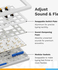Badass Full Size Mechanical Gaming Keyboard With Volume Knob And Modular Gasket Mount Featuring Hot Swappable Switches Plus Doubleshot Pbt Keycaps For A Snappy And Fire Typing Setup In White showcasing internal parts with swappable plate and sound-dampening foam.