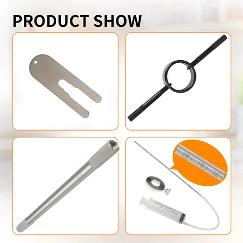 3 In 1 Motorcycle Fork Service Tool Kit With Fork Oil Level Tool Markings, Fork Spring Compressor And Damper Rod Bleeder shown