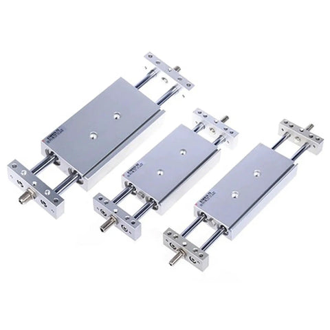 Straight Up Double Acting Pneumatic Cylinder With Dual Piston Rods And Slide Tab Mount For Precision Air Actuation In Bore Sizes From 10 To 25 Millimeters And Stroke Lengths Ranging Up To 125 Millimeters For Drop Dead Reliability On Any Job Site, showcasing three sizes of aluminum cylinders.