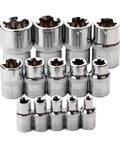 14-Piece Female E-Star Socket Set E4 To E24 Drive With External Hex Sleeve Kit, shiny hardened steel, arranged in rows