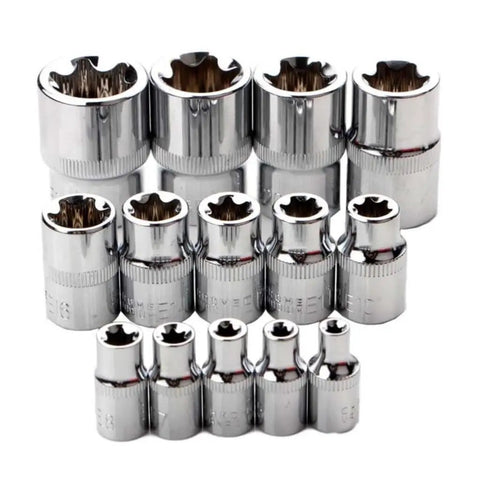 14-Piece Female E-Star Socket Set E4 To E24 Drive With External Hex Sleeve Kit, shiny hardened steel, arranged in rows