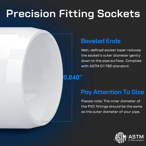 Close-up of beveled end of precision fitting socket with size details and ASTM compliance