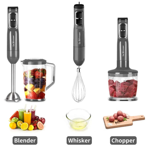 Heavy Duty Handheld Immersion Blender With 300 Watt Motor And Ultra Quiet Operation includes blender, whisk, and chopper set.