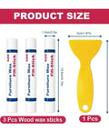 Quick Fix Wood Filler Sticks 3 Pack with size details, three white wax sticks and a yellow scraper tool.