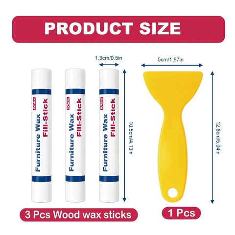 Quick Fix Wood Filler Sticks 3 Pack with size details, three white wax sticks and a yellow scraper tool.