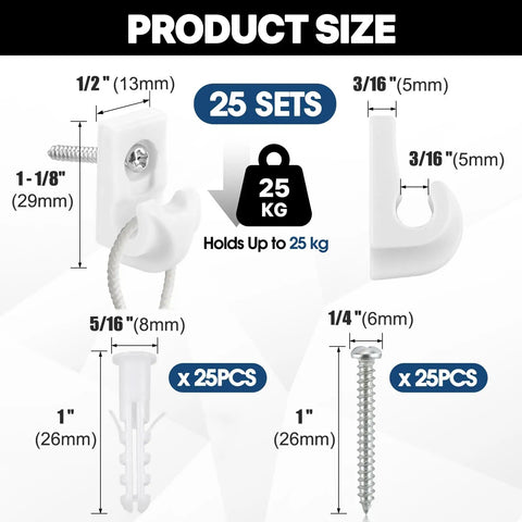 Heavy Duty Wire Shelf Clips With Screws And Anchors For Closet Wall Brackets White Plastic Shelving Hardware 25 Pack showing size and components.
