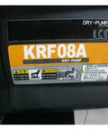 Close-up of Rock Solid Vacuum Pump Built For Industrial Automation And High Accuracy Needs featuring KRF08A label and caution sign.