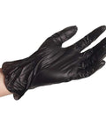 Black vinyl disposable glove worn on a hand; XL size for industrial use.
