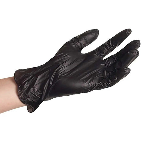 Black vinyl disposable glove worn on a hand; XL size for industrial use.