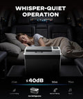 Beast Mode 32 Quart Portable Car Fridge Freezer With Rapid Compressor Cooling used in a vehicle, showcasing whisper-quiet operation.