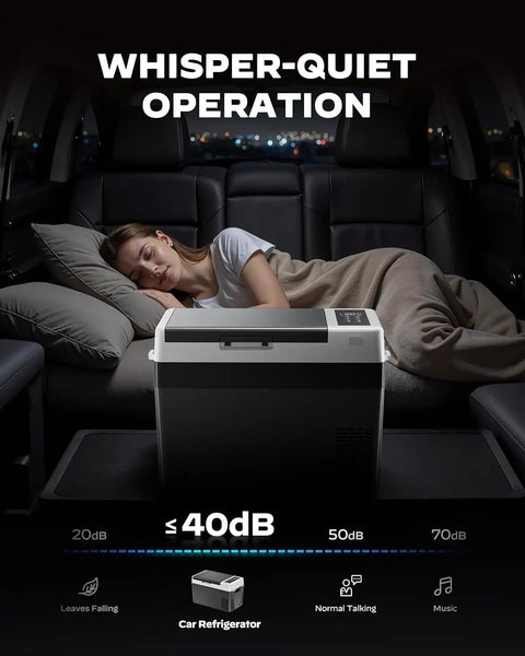 Beast Mode 32 Quart Portable Car Fridge Freezer With Rapid Compressor Cooling used in a vehicle, showcasing whisper-quiet operation.
