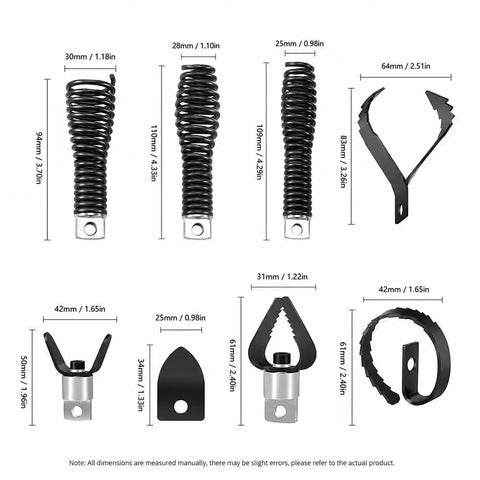 Heavy Eight Piece Drain Cutter Head Set Designed For Ridgid K400 with various cutting heads and spring designs for pipe cleaning.