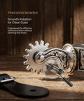 Cowboy Spurs Set With 6 Hole Belt Rotatable Gear Stainless Steel Spurs For Equestrian Riding close-up of rotatable gear