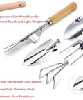 11 Piece Heavy Duty Garden Tool Set With Rust Resistant Stainless Steel Tools showing ergonomic wood handles and tool heads