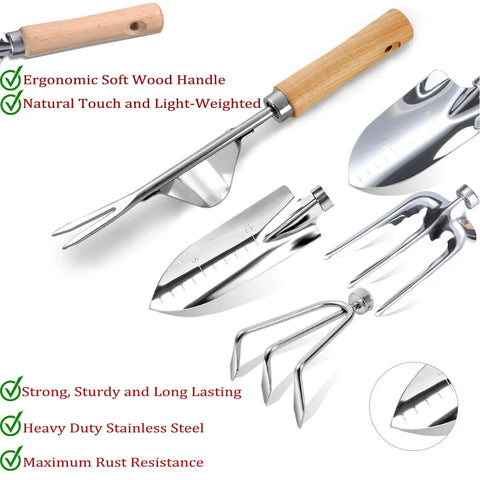 11 Piece Heavy Duty Garden Tool Set With Rust Resistant Stainless Steel Tools showing ergonomic wood handles and tool heads