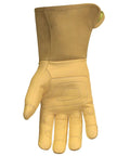 Grippy Leather Utility Work Gloves With Long Cuff For Men Kevlar Lined For Superior Cut And Puncture Resistance Flame Resistant Arc Rated Black And Tan X Large, showing palm details.