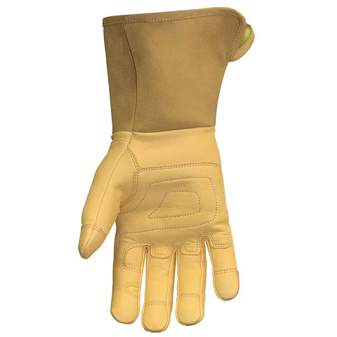 Grippy Leather Utility Work Gloves With Long Cuff For Men Kevlar Lined For Superior Cut And Puncture Resistance Flame Resistant Arc Rated Black And Tan X Large, showing palm details.