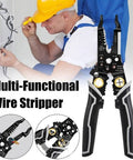 Multifunctional Wire Cutter And Stripper 9-In-1 Tool For Stripping Cutting Crimping And Cable Work, High-Carbon Steel Pliers shown with electrician.