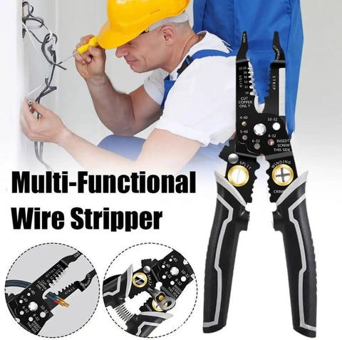 Multifunctional Wire Cutter And Stripper 9-In-1 Tool For Stripping Cutting Crimping And Cable Work, High-Carbon Steel Pliers shown with electrician.