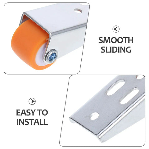 Heavy Duty 2 Pack Sliding Door Rollers For Wood Barn Tracks And Closet Cabinets With Nylon Wheels and reinforced steel brackets, showing smooth sliding wheel.