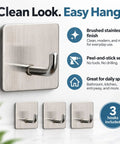Badass Heavy Duty Adhesive Hooks, 3 Pack Rust Proof Steel Wall Grips With Peel And Stick Setup, Zero Hassle Install For Bathrooms Kitchens Closets And Offices, brushed stainless steel hook with two additional hooks.
