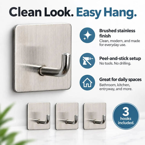 Badass Heavy Duty Adhesive Hooks, 3 Pack Rust Proof Steel Wall Grips With Peel And Stick Setup, Zero Hassle Install For Bathrooms Kitchens Closets And Offices, brushed stainless steel hook with two additional hooks.
