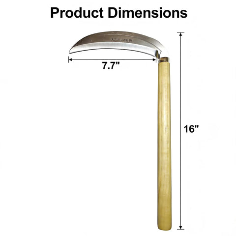 Grass Sickle With Sharp 7.7 Inch Stainless Steel Blade Lightweight Gardening And Harvest Tool For Weeding Lawn Edges And Easy One Handed Use Great For Trimming Soft Grass And Harvesting Veggies shown with dimensions, 7.7-inch blade and 16-inch handle.